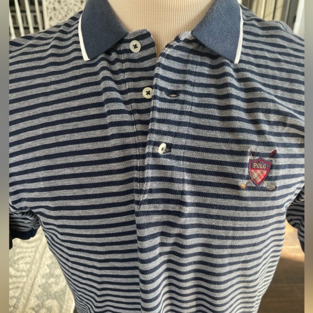 POLO RALPH‎ LAUREN Vintage Golf Shirt Shortsleeve Grey Navy Stripe Classic LARGE - Picture 4 of 11